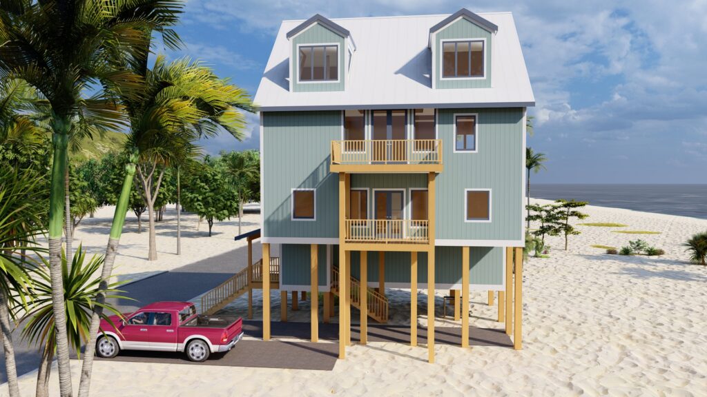 Beach house with palm trees and truck