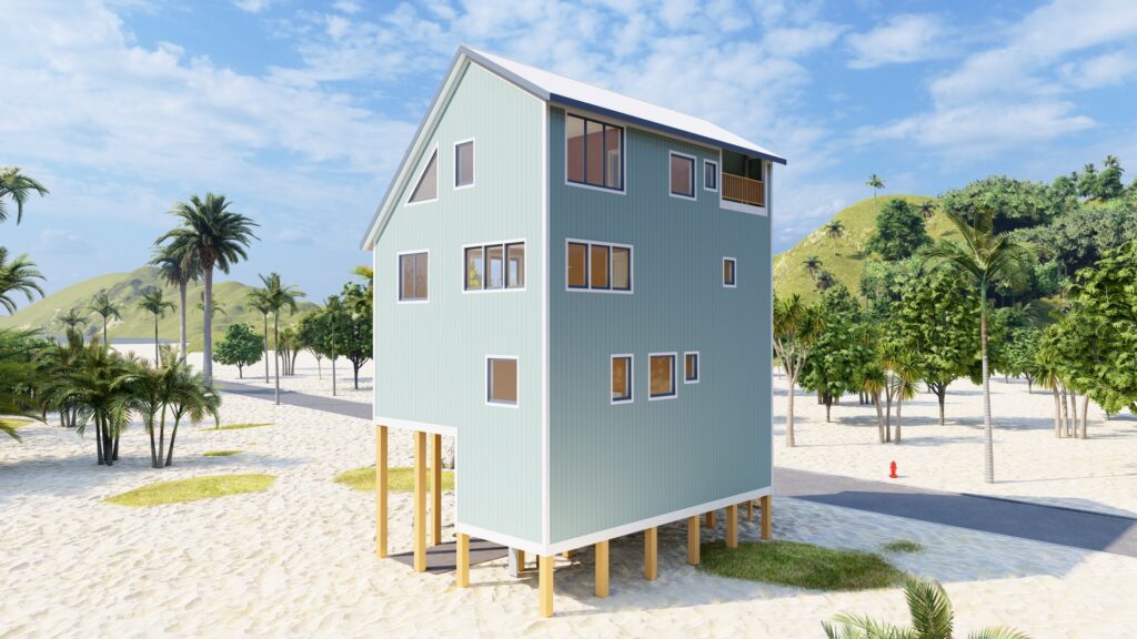 Modern house on stilts by beach