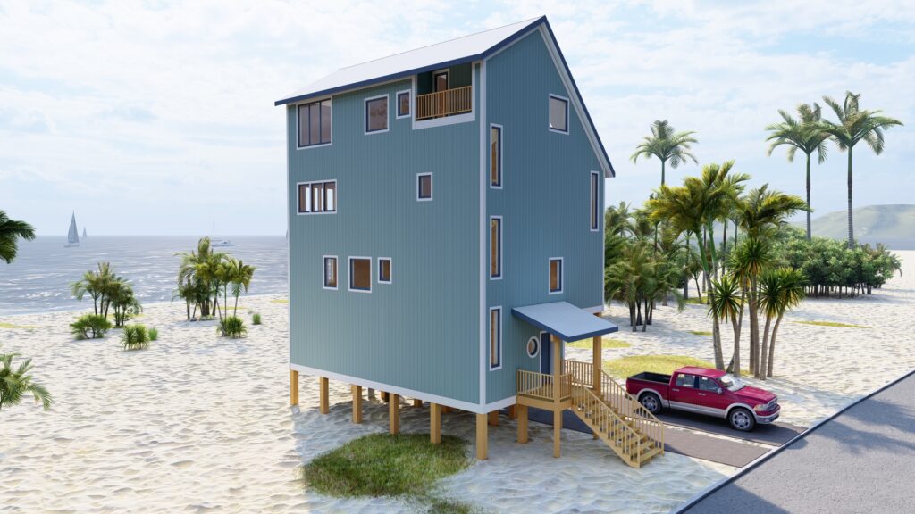 Beach house with palm trees nearby