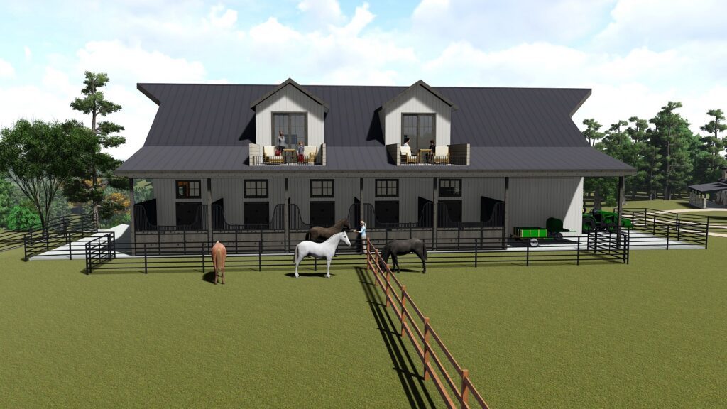 Modern barn with horses and greenery.