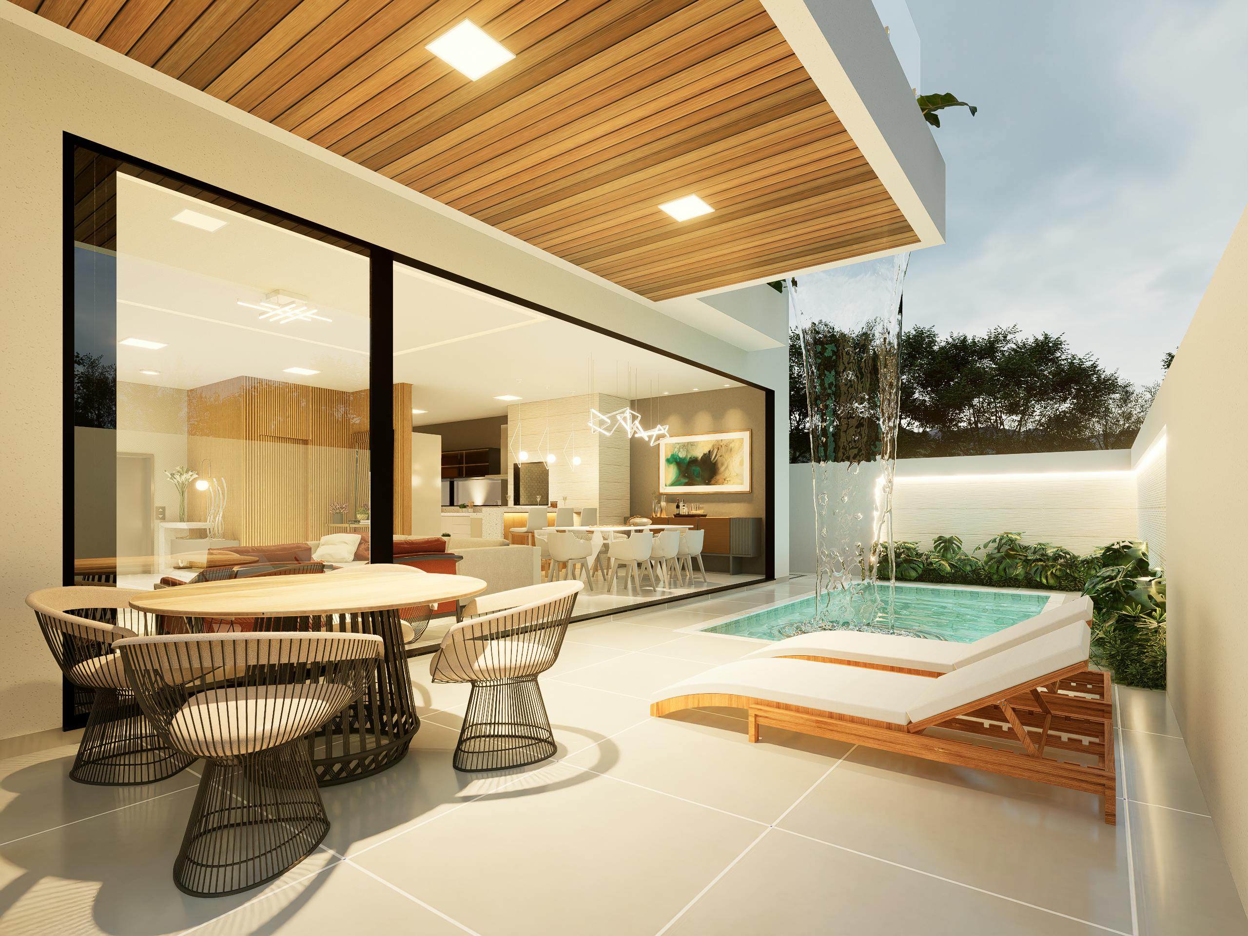 Elegant Brazilian patio with outdoor seating, pool, and modern architecture.